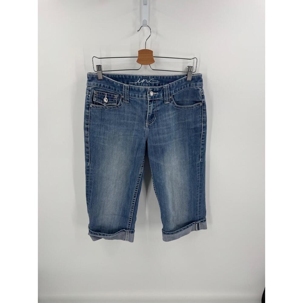 INC Denim Blue Button Zipper Closure 5 Pocket Jeans Womens Capri Size 8
